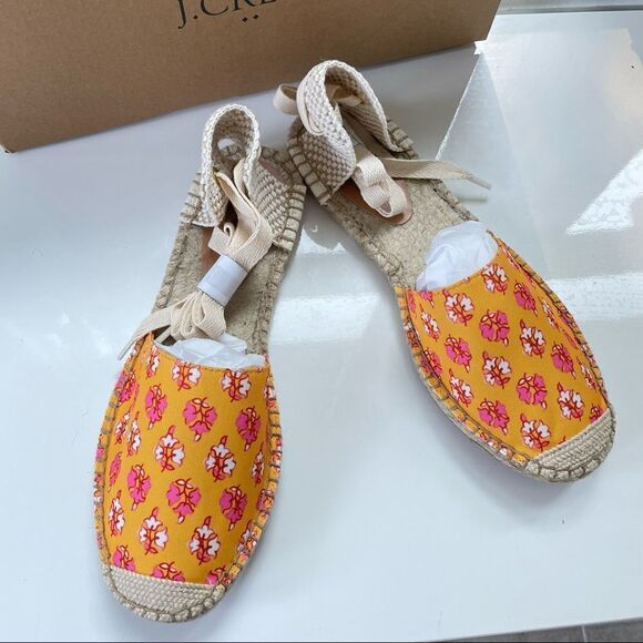 J. CREW Printed canvas ankle-wrap espadrille sandals Pale Guava Block size 8 NEW - Picture 1 of 8